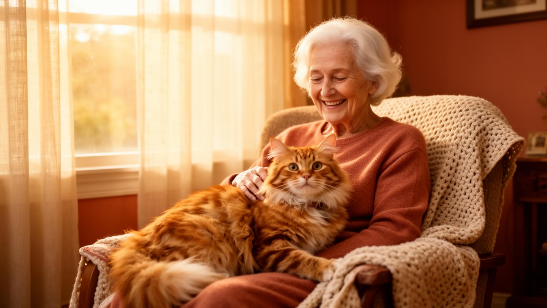 Adulta mayor sonriendo mientras acaricia un gato robótico esponjoso en su sala con luz de tarde