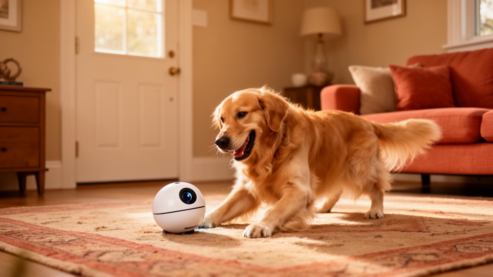 Perro feliz jugando con un pequeño robot blanco con cámara en una sala hogareña
