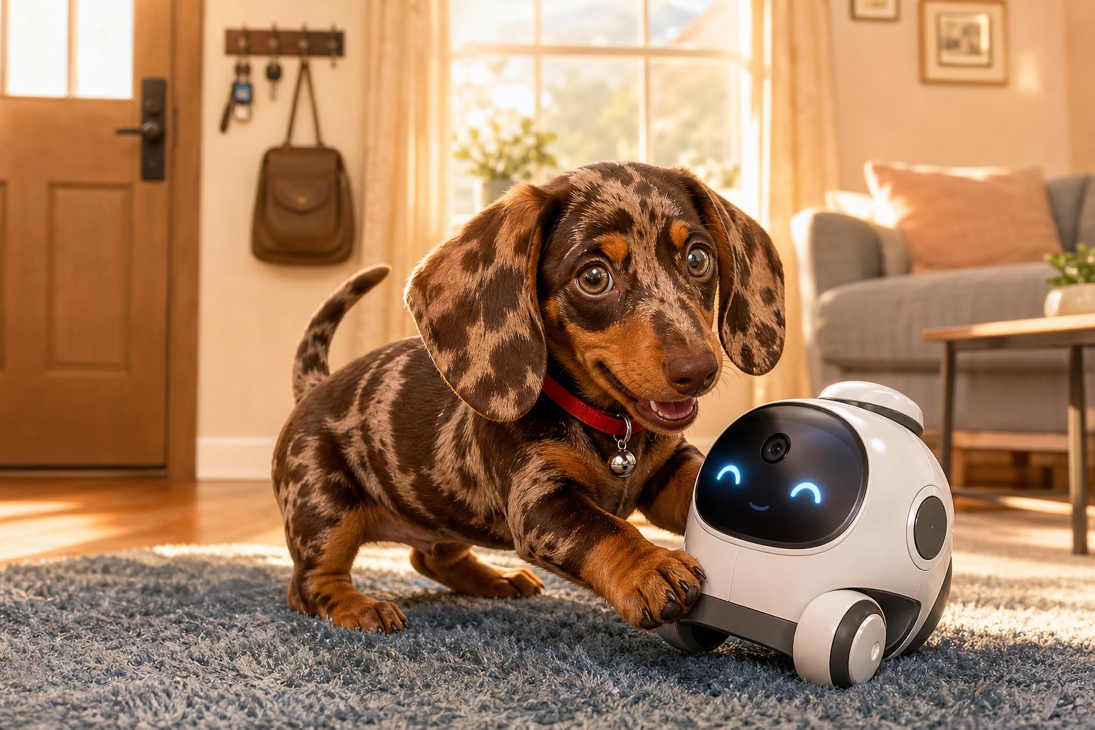Un perro feliz acompañado por un pequeño robot blanco con cámara mientras el dueño está fuera